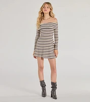 Cozy Flair Striped Knit Off-The-Shoulder Mini Dress