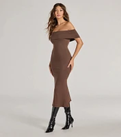 Sleek Silhouette Ribbed Knit Off-The-Shoulder Midi Dress