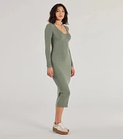 Casual Chic Style Long Sleeve Ribbed Knit Midi Dress