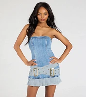 Trend Moment Denim Belted Pleat Mini Dress