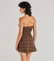Cute Plaid Strapless A-Line Mini Dress