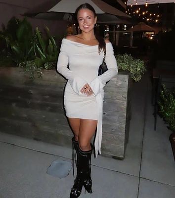 Flirty Twist Off-The-Shoulder Soft Knit Mini Dress