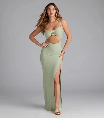 Vacay Mode Buckle Cutout Slit Maxi Dress