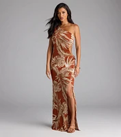 Island Style One-Shoulder Slit Tropical Maxi Dress