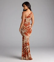 Island Style One-Shoulder Slit Tropical Maxi Dress