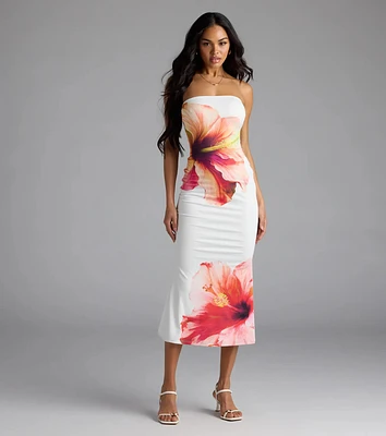 Set For Vacay Tropical Floral Strapless Midi Dress