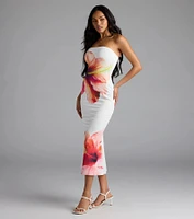 Set For Vacay Tropical Floral Strapless Midi Dress
