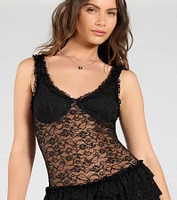 Dainty And Divine Sheer Lace Bodycon Ruffle Mini Dress