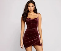 So Lovely Velvet Cowl Neck Asymmetrical Mini Dress