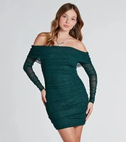 Shimmer Nights Off the Shoulder Glitter Mini Dress