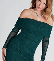 Shimmer Nights Off the Shoulder Glitter Mini Dress