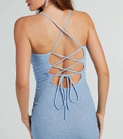 Gorgeous Glitz Lace-Up Glitter Knit Mini Dress