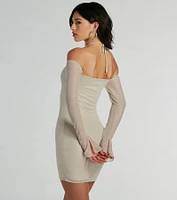 Dance Fever Glitter Mesh Off-The-Shoulder Dress