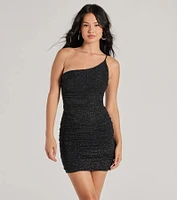 Party Moves One-Shoulder Glitter Mesh Mini Dress