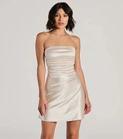 Perfect Glow Strapless Pleat A-Line Satin Mini Dress