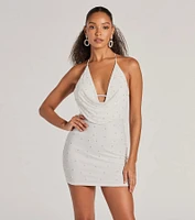 Upscale Company Cowl Halter Faux Pearl Mini Dress