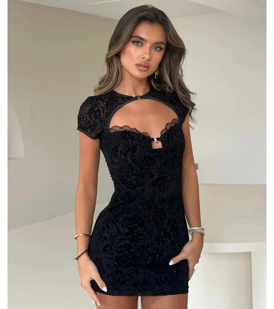 Sultry Mood Flocked Floral Mesh Cutout Mini Dress