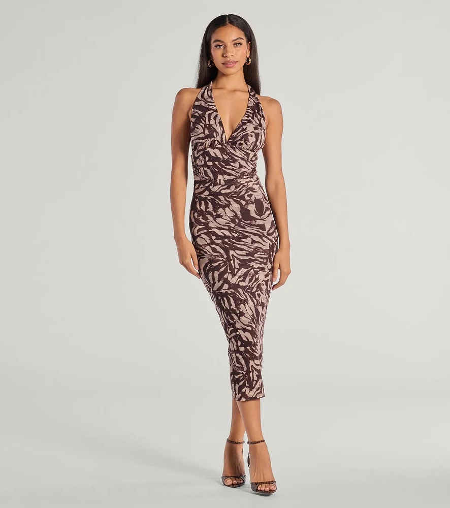 Fierce Style Zebra Print Mesh Halter Midi Dress