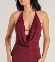 Glam Factor Glitter Knit Cowl Neck Mini Dress