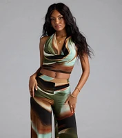 Sultry Effect Abstract Cowl Halter Crop Top