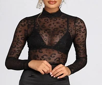 Leopard Print Glitter Mesh Bodysuit