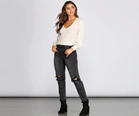 Brushed Ribbed Knit V-Neck