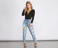 Draped Basic Knit Surplice Bodysuit