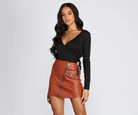 Ribbed Knit Tie Front Wrap Top
