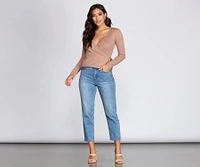 Ribbed Knit Tie Front Wrap Top
