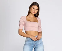Ribbed Knit Puff Sleeve Crop Top