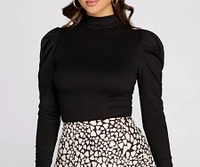 Puffed Sleeve Mock Neck Top