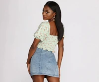Ditsy Floral Puff Sleeve Crop Top
