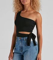 One Shoulder Tie Waist Crop Top