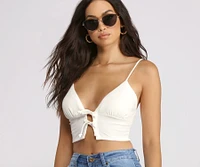 Double Row Tie Front Ribbed Crop Top