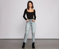 Square Neck Long Sleeve Knit Bodysuit