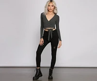 Basic Ribbed Knit Tie Waist Top