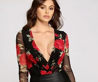 Floral Passion Surplice Mesh Bodysuit