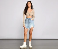 Ribbed Knit Twist Front Crop Top