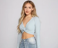 Ribbed Knit Twist Front Crop Top