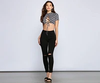 Lace-Up Crop Geometric Top