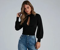 Chic Edition Mock Neck Keyhole Top