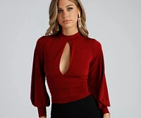 Chic Edition Mock Neck Keyhole Top