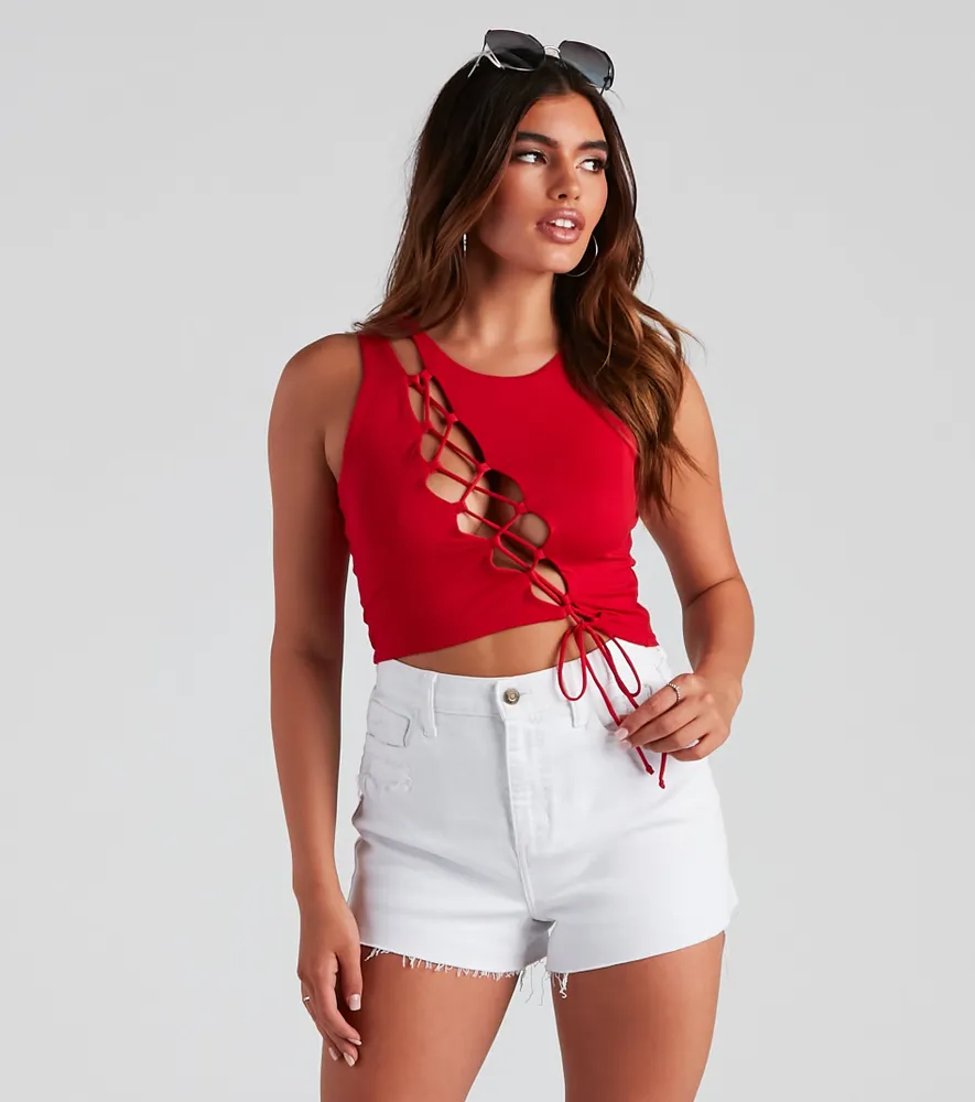 Red Lace Up Crop Top
