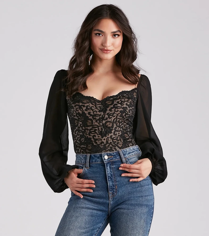 Sweet And Sultry Lace Chiffon Bodysuit