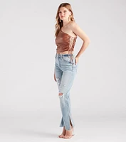 Get My Good Side Lace-Up Faux Leather Top