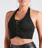 Hit The Town Faux Suede Lace-Up Halter Top