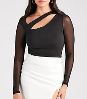 Sheer Coverage Mesh Sleeve Cutout Crop Top