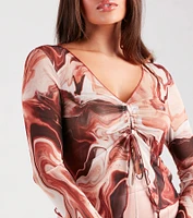 Draw You Marble Mesh Long Sleeve Top