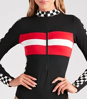 Racer Babe Striped And Checkered Bodysuit