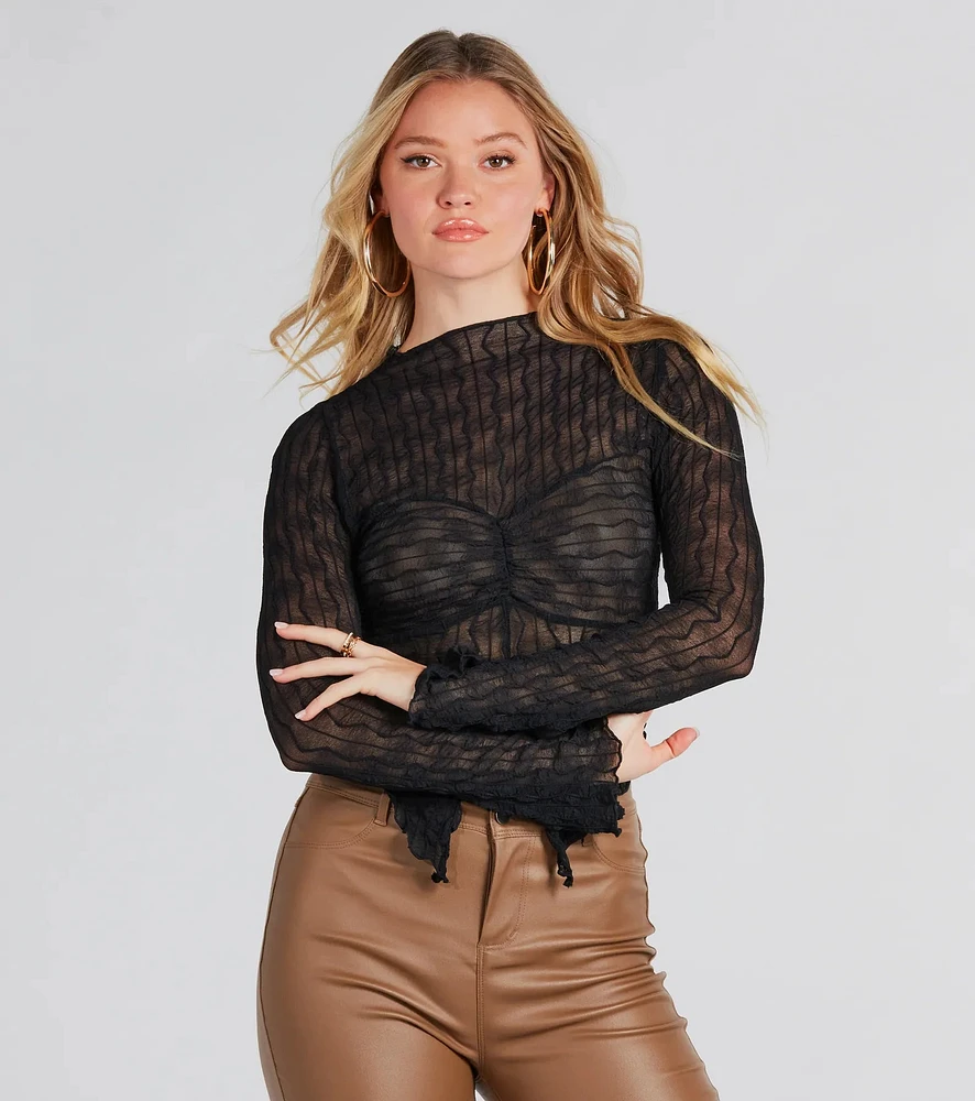 Near And Sheer Texture Mock Neck Crop Top